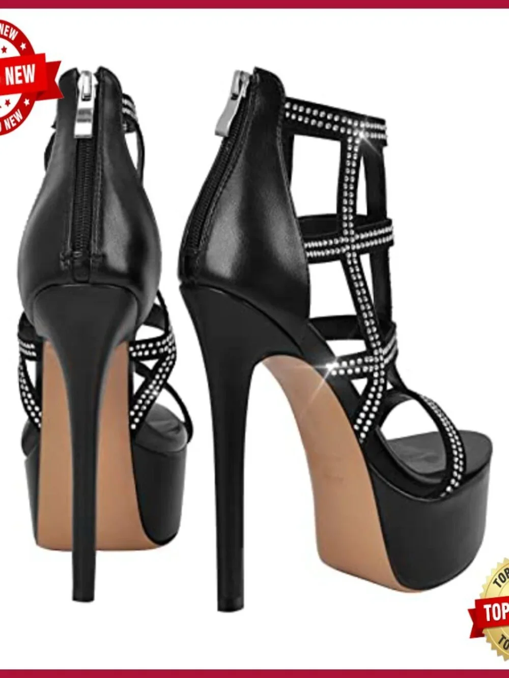 Rhinestone Strap Platform Sandals with Back Zipper Crisscross Straps Stiletto
